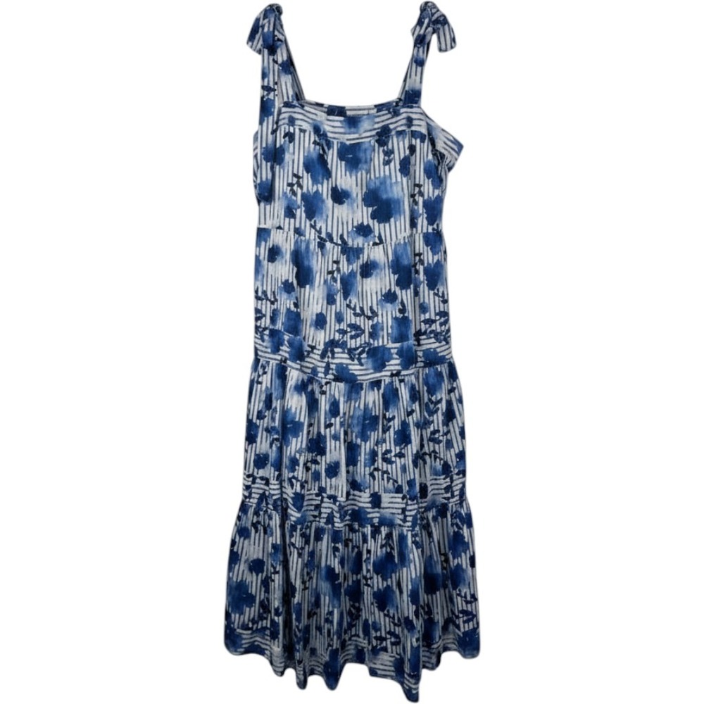 Mexx Blue White Floral Tiered Midi Dress Tie Straps Wedding Guest Cotton XL NWT